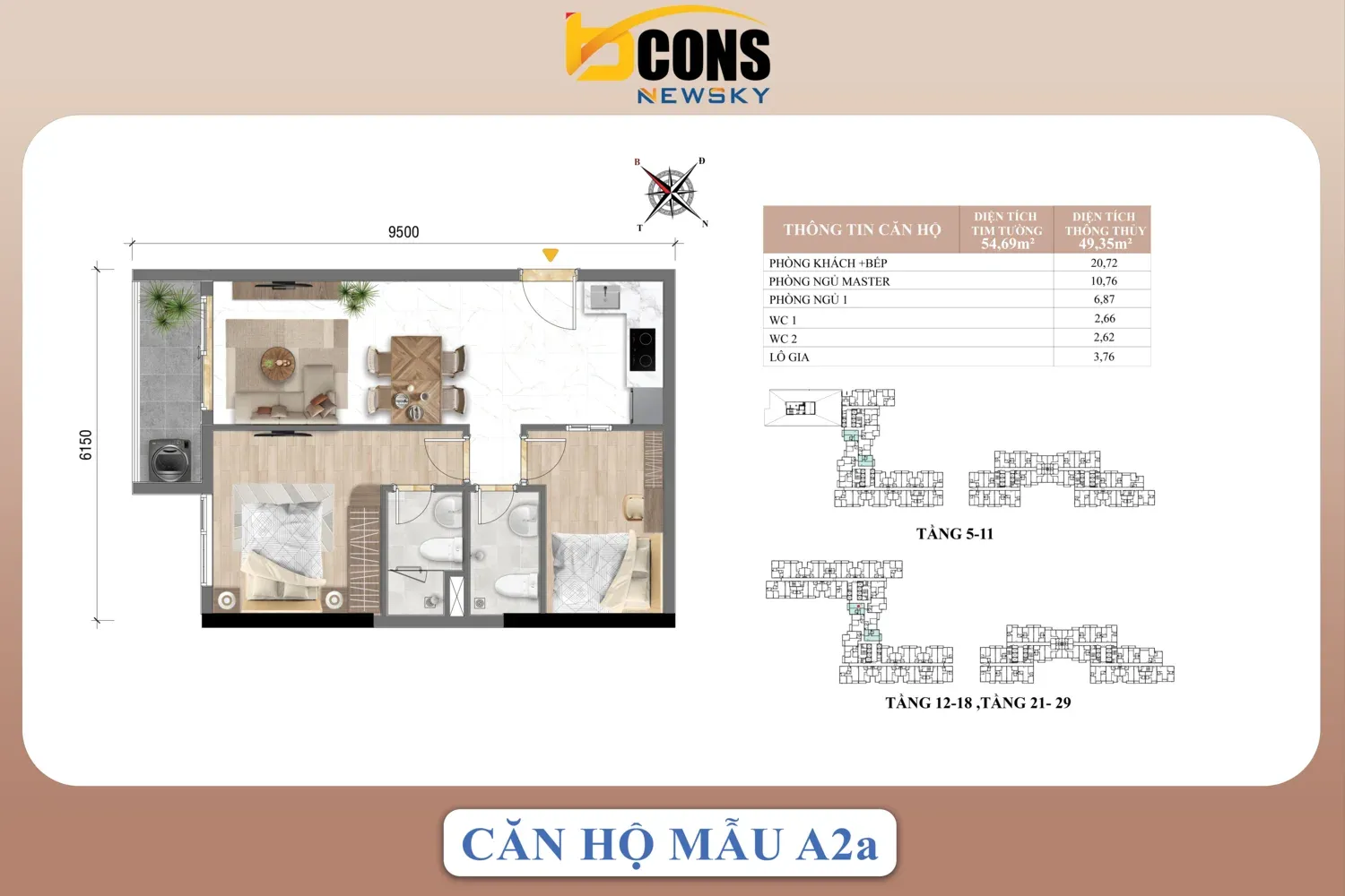 Mặt bằng căn hộ A2a Bcons NewSky